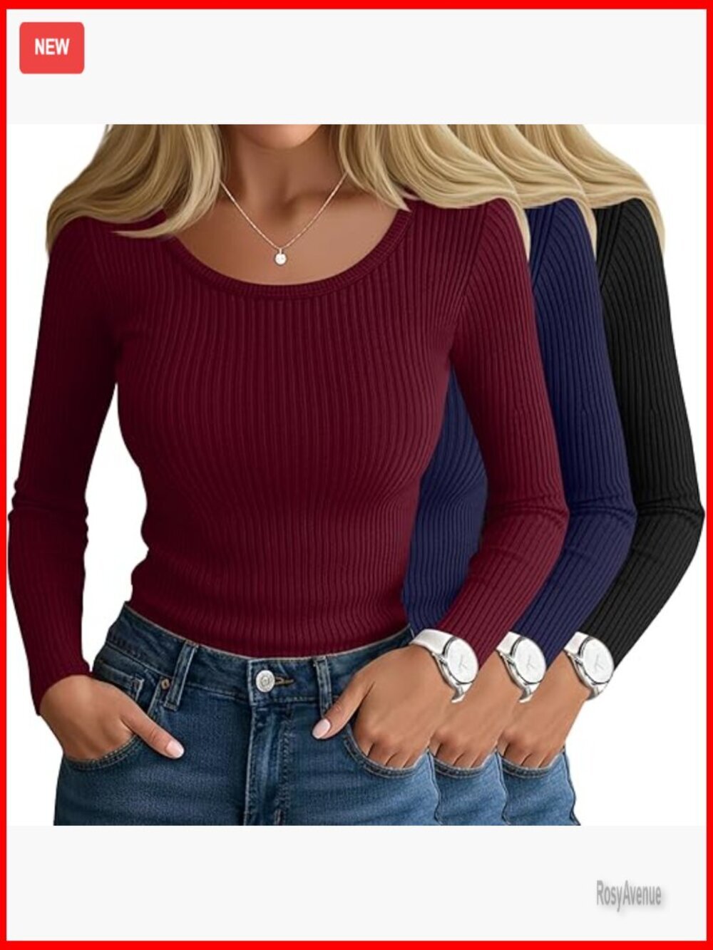 3 Pack Ribbed Long Sleeve Scoop Neck Slim Fit Cotton Tees Women's